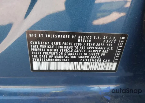 2017 Volkswagen Golf Tsi S 4-Door/Tsi Se 4-Door/Tsi Sel 4-Door/Tsi Wolfsburg Edition 4-Door из США, поврежденный, VIN 3VW217AU9HM051941